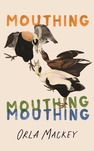 The cover has three geese on it, and they look like they are about to fight. The title "Mouthing" is written three times across the cover in different colours.